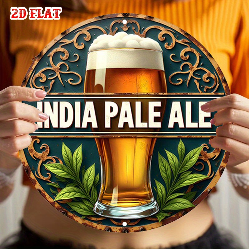 Art Craft India - 2Dフラット、インディア・ペール・エール、飲料アイコンラウンド、クラフトブルワリーの素朴な金属製ウォールアート、家庭やガレージ用の壁装飾サイン