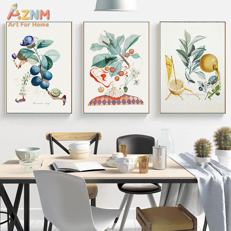 Art Craft Toys - AZNM シュールな植物フルーツフィギュアキャンバスウォールアート、ヴィンテージ水彩レモンチェリーブルーベリー抽象アート絵画、キッチンホー