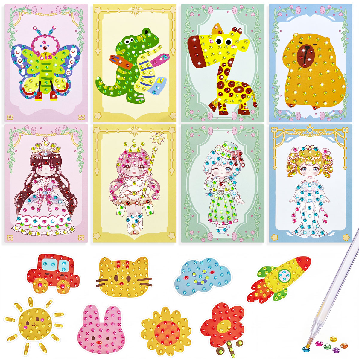 Art Craft Animals - 16個入り宝石キットDIYアートクラフトセット簡単で楽しいダイヤモンドペイントバイナンバーズ、オリジナルステッカー作成アクティビティアート用品クラフトギフト