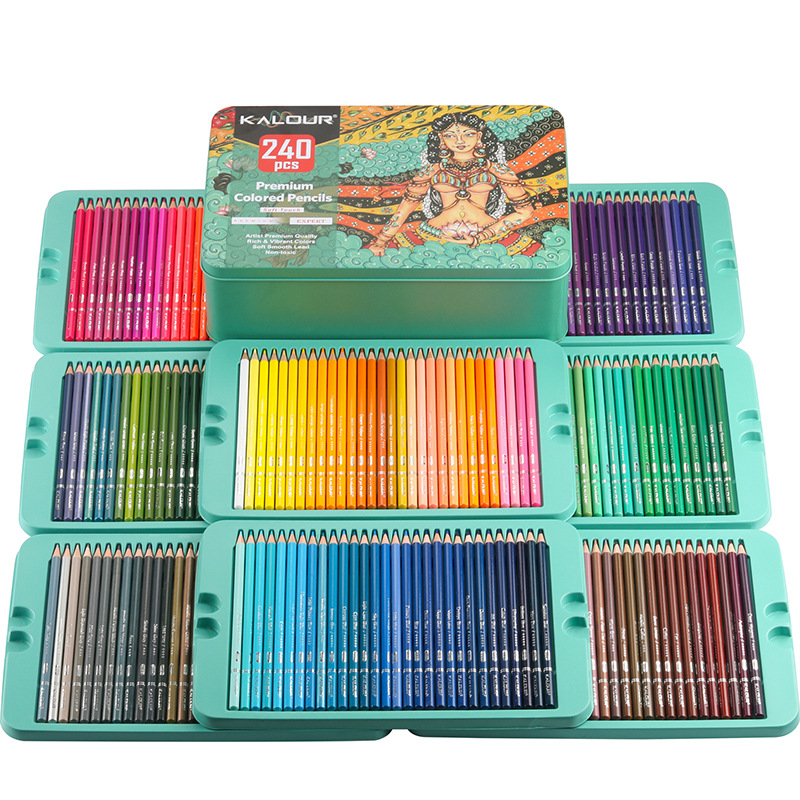 Colored Pencil Professional - KALOUR 240色高級鉄製ボックス耐衝撃色鉛筆セット、アート描画用プロフェッショナルソフトコア色鉛筆