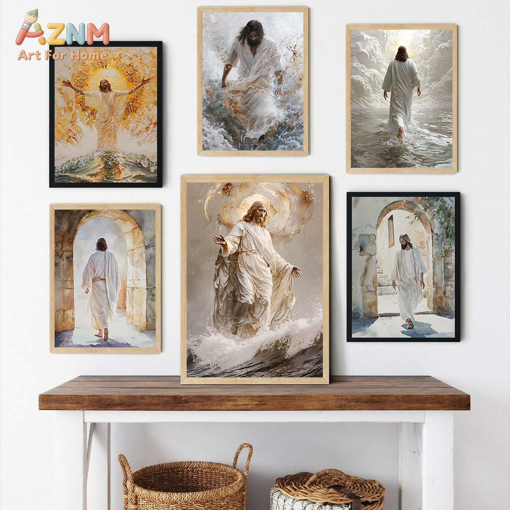 Art Craft Toys - AZNM イエス・キリスト キャンバスプリント 水上を歩く宗教油絵風 聖なるキリスト教の人物 額なしキャンバスウォールアート