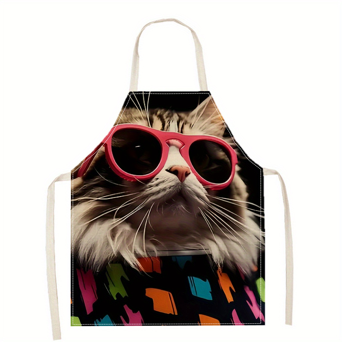 Art Craft Gift Ideas - リネンエプロン 面白い猫のサングラスプリント キッチン 調理 ベーキング ガーデニング