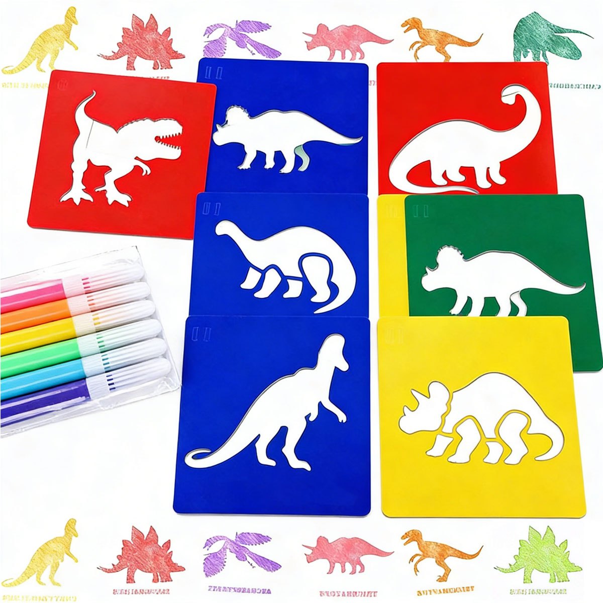 6 個の恐竜絵画ステンシルと 6 個のミニマーカー付き洗える - Art Craft Dinosaurs のレビューと価格