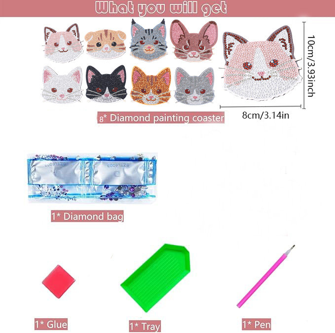 8ピースDIYダイヤモンドペインティングアートセット猫柄コー - Art Craft Animals のレビューと価格